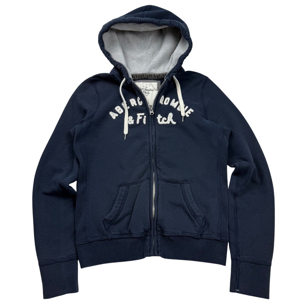 VTG Y2K Abercrombie & Fitch Navy Blue Full Zip Hoodie Puff Print Sweatshirt L